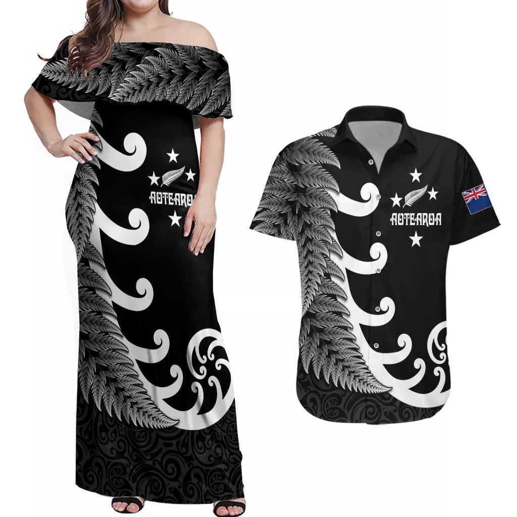 Personalised New Zealand Rugby Couples Matching Off Shoulder Maxi Dress and Hawaiian Shirt Aotearoa Silver Fern Koru Maori Style LT7 - Wonder Print Shop