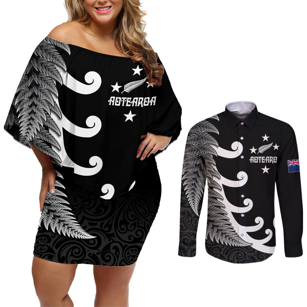 Personalised New Zealand Rugby Couples Matching Off Shoulder Short Dress and Long Sleeve Button Shirts Aotearoa Silver Fern Koru Maori Style LT7 - Wonder Print Shop