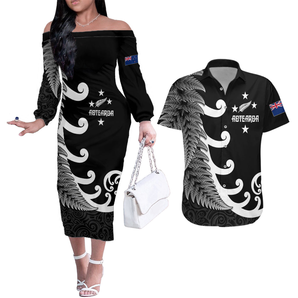 Personalised New Zealand Rugby Couples Matching Off The Shoulder Long Sleeve Dress and Hawaiian Shirt Aotearoa Silver Fern Koru Maori Style LT7 - Wonder Print Shop