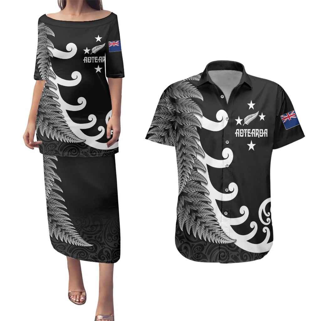 Personalised New Zealand Rugby Couples Matching Puletasi Dress and Hawaiian Shirt Aotearoa Silver Fern Koru Maori Style LT7 - Wonder Print Shop