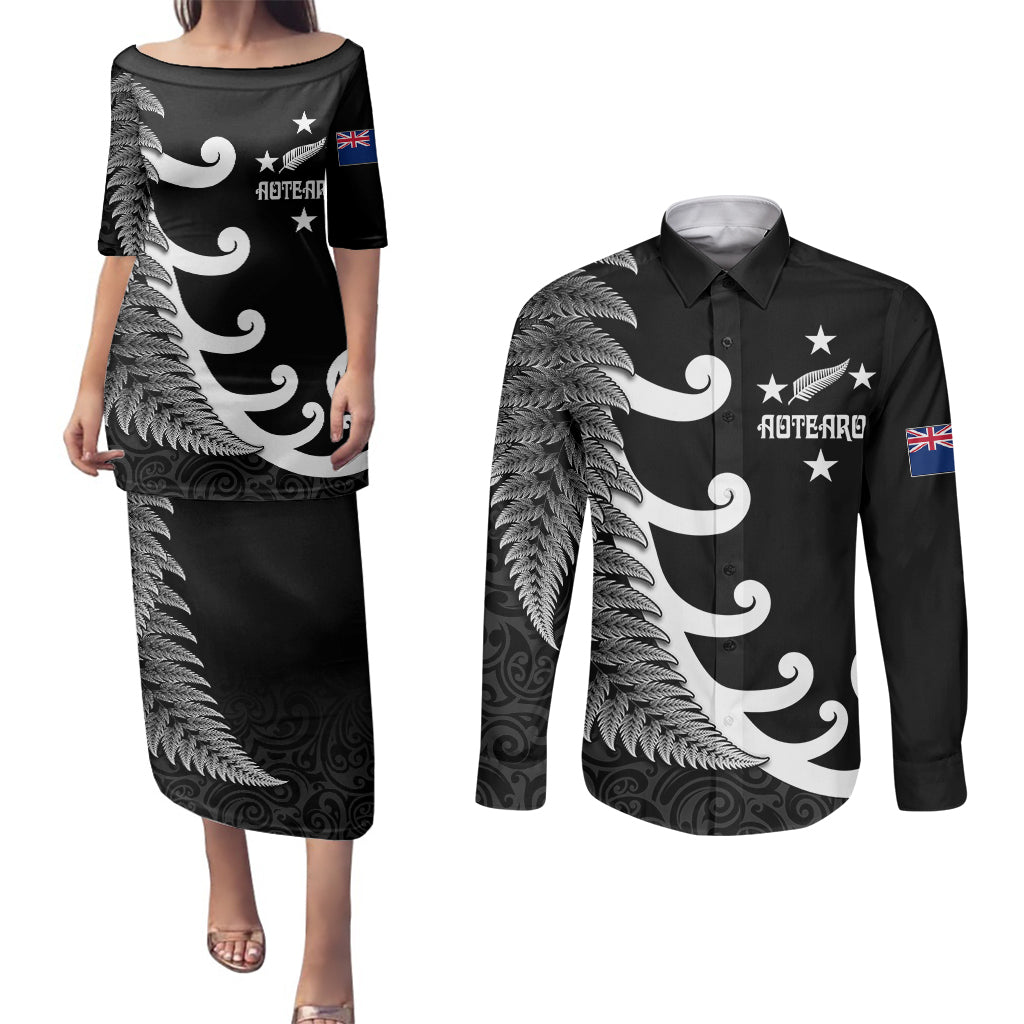 Personalised New Zealand Rugby Couples Matching Puletasi Dress and Long Sleeve Button Shirts Aotearoa Silver Fern Koru Maori Style LT7 - Wonder Print Shop