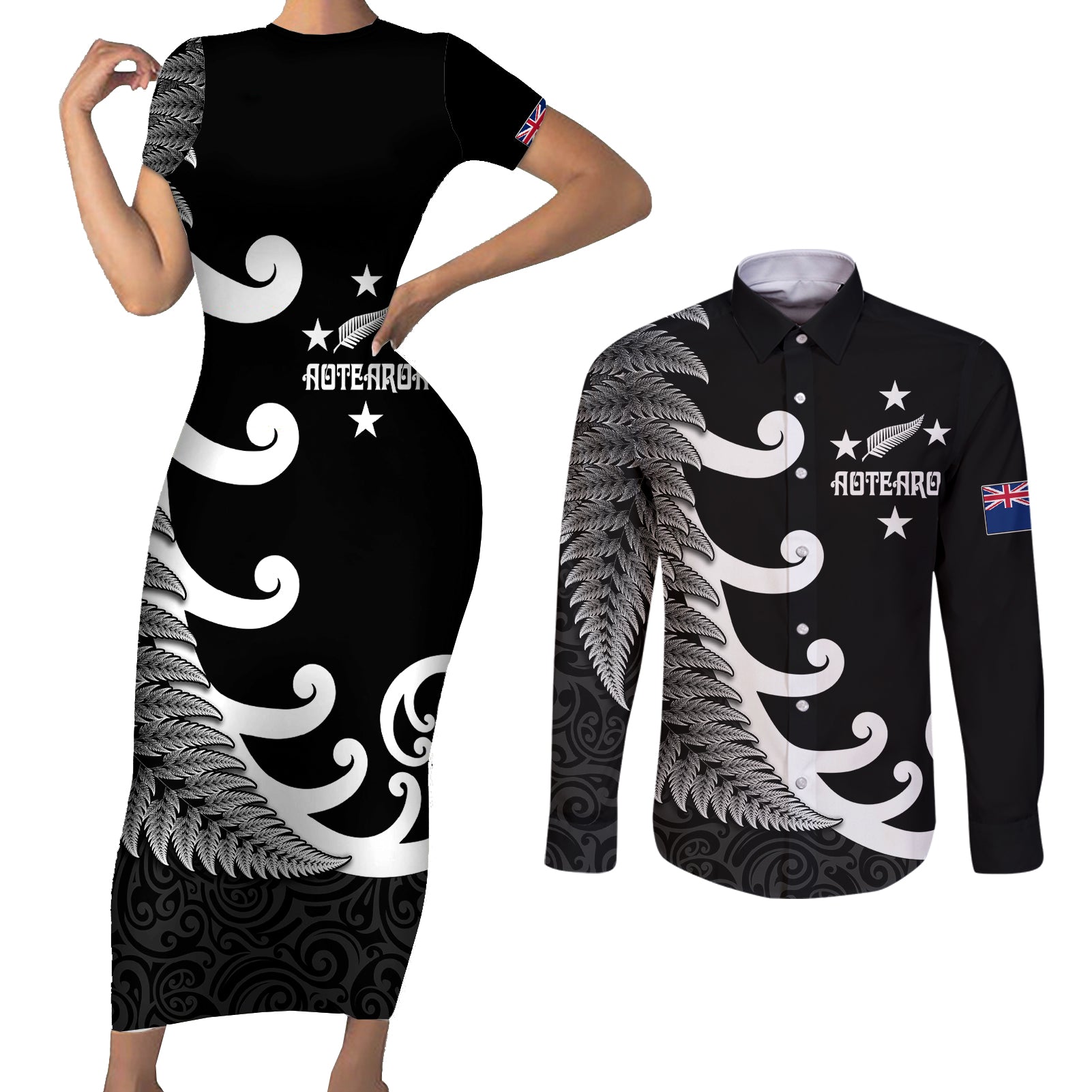 Personalised New Zealand Rugby Couples Matching Short Sleeve Bodycon Dress and Long Sleeve Button Shirts Aotearoa Silver Fern Koru Maori Style LT7 - Wonder Print Shop