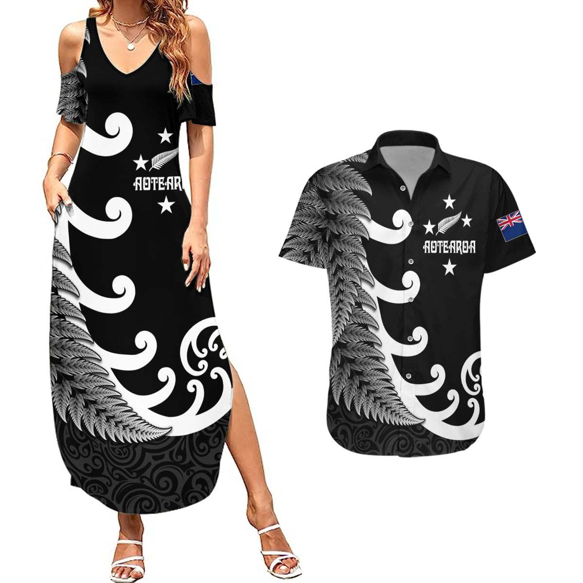 Personalised New Zealand Rugby Couples Matching Summer Maxi Dress and Hawaiian Shirt Aotearoa Silver Fern Koru Maori Style LT7 - Wonder Print Shop