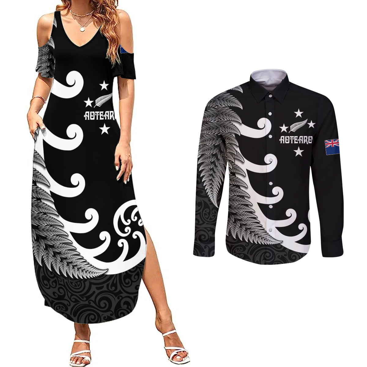 Personalised New Zealand Rugby Couples Matching Summer Maxi Dress and Long Sleeve Button Shirts Aotearoa Silver Fern Koru Maori Style LT7 - Wonder Print Shop