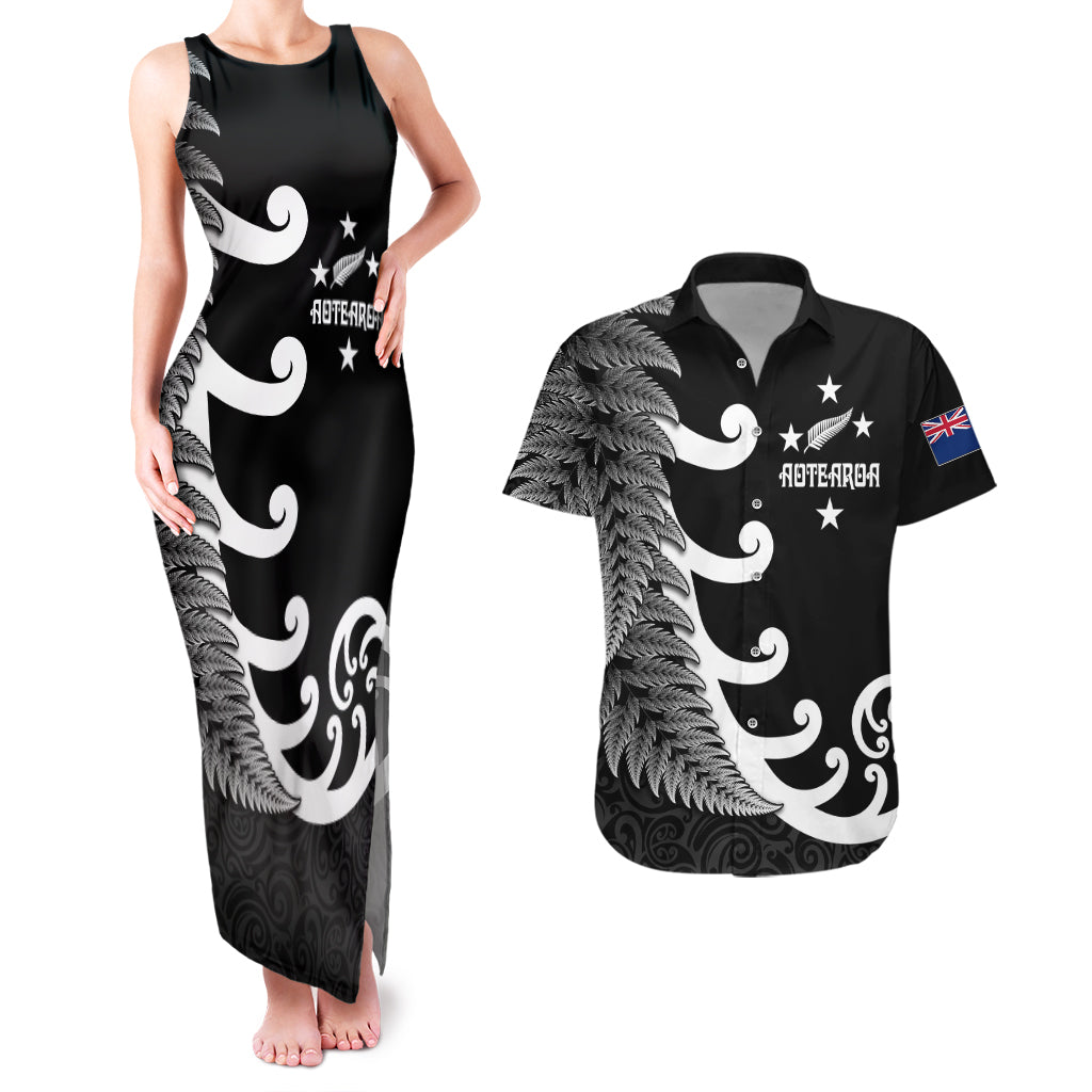 Personalised New Zealand Rugby Couples Matching Tank Maxi Dress and Hawaiian Shirt Aotearoa Silver Fern Koru Maori Style LT7 - Wonder Print Shop