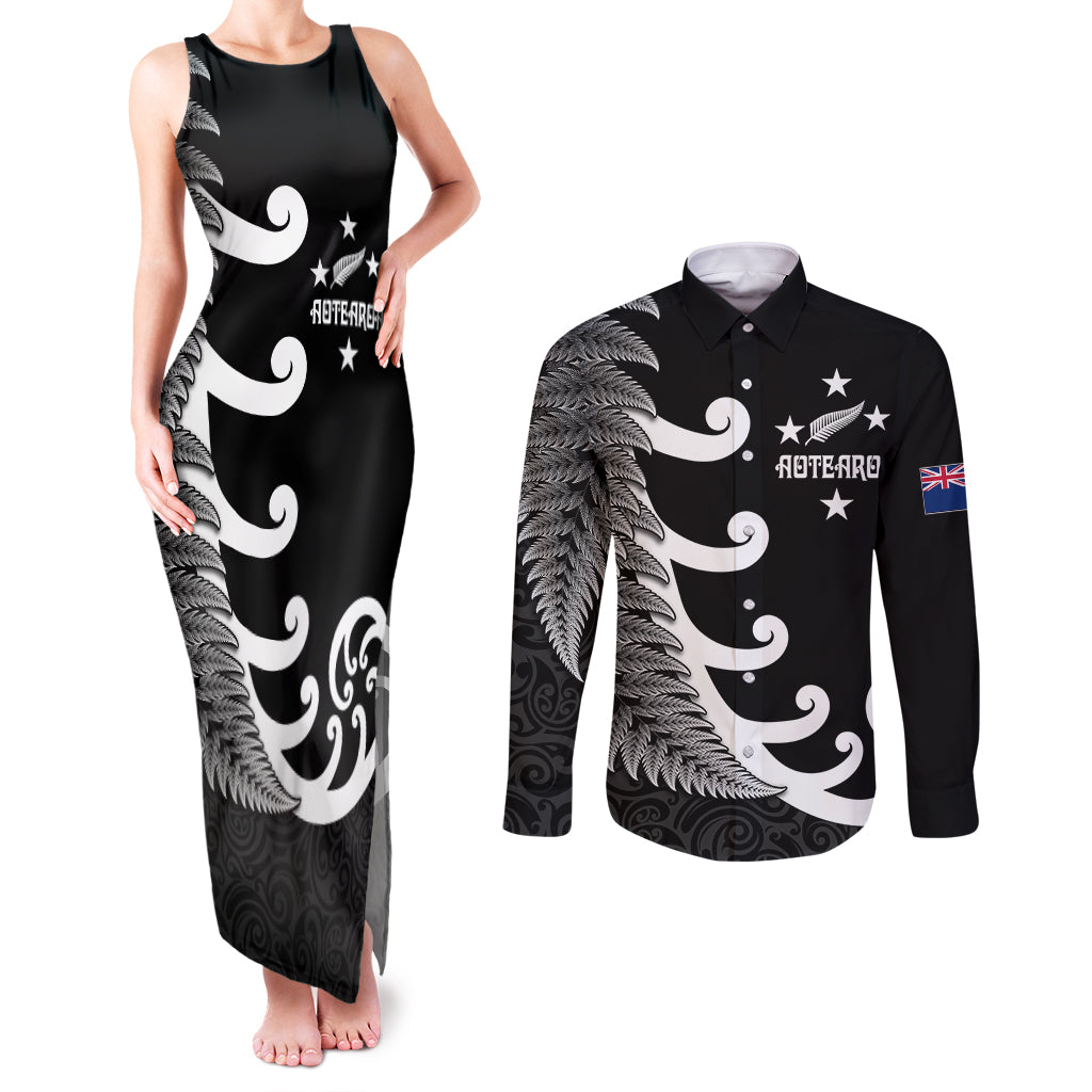 Personalised New Zealand Rugby Couples Matching Tank Maxi Dress and Long Sleeve Button Shirts Aotearoa Silver Fern Koru Maori Style LT7 - Wonder Print Shop