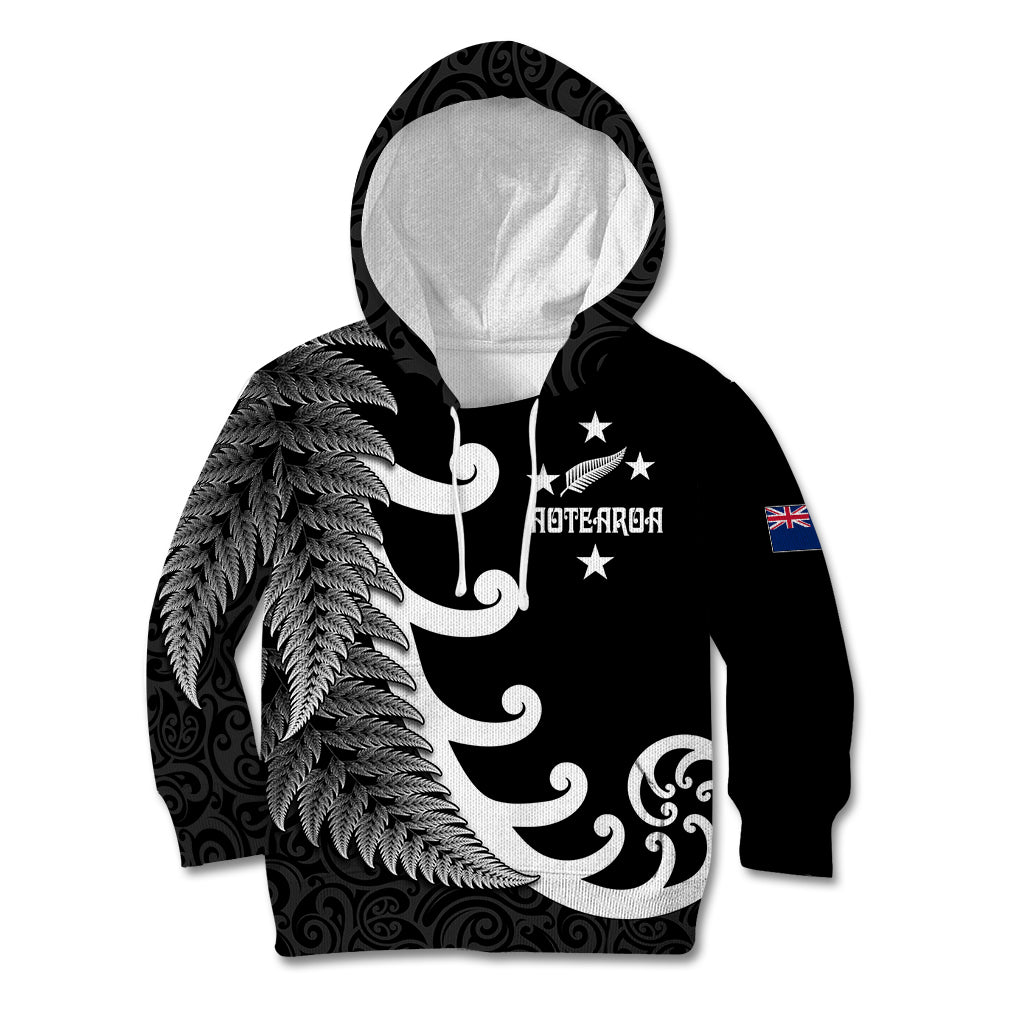 Personalised New Zealand Rugby Kid Hoodie Aotearoa Silver Fern Koru Maori Style - Wonder Print Shop