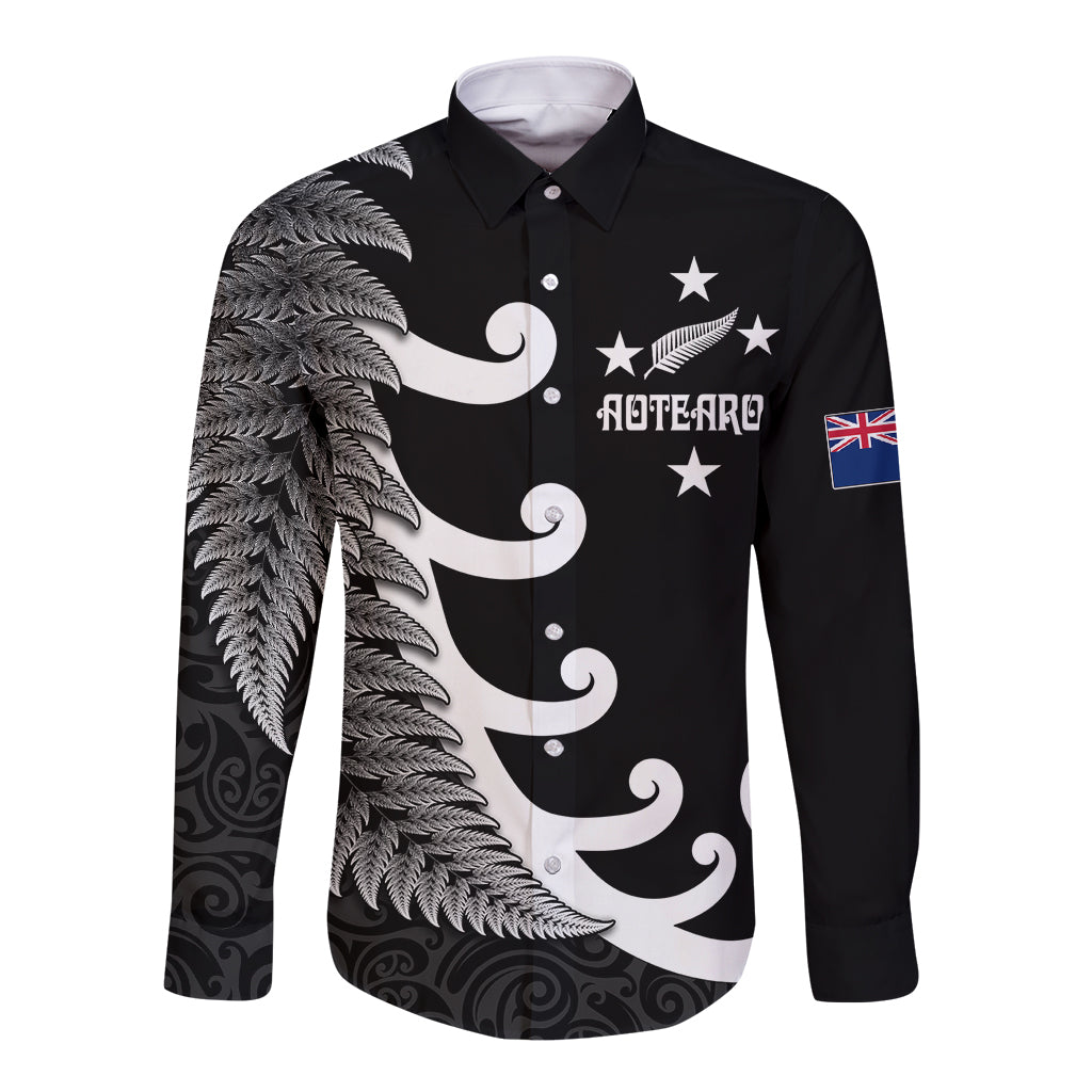 Personalised New Zealand Rugby Long Sleeve Button Shirt Aotearoa Silver Fern Koru Maori Style - Wonder Print Shop