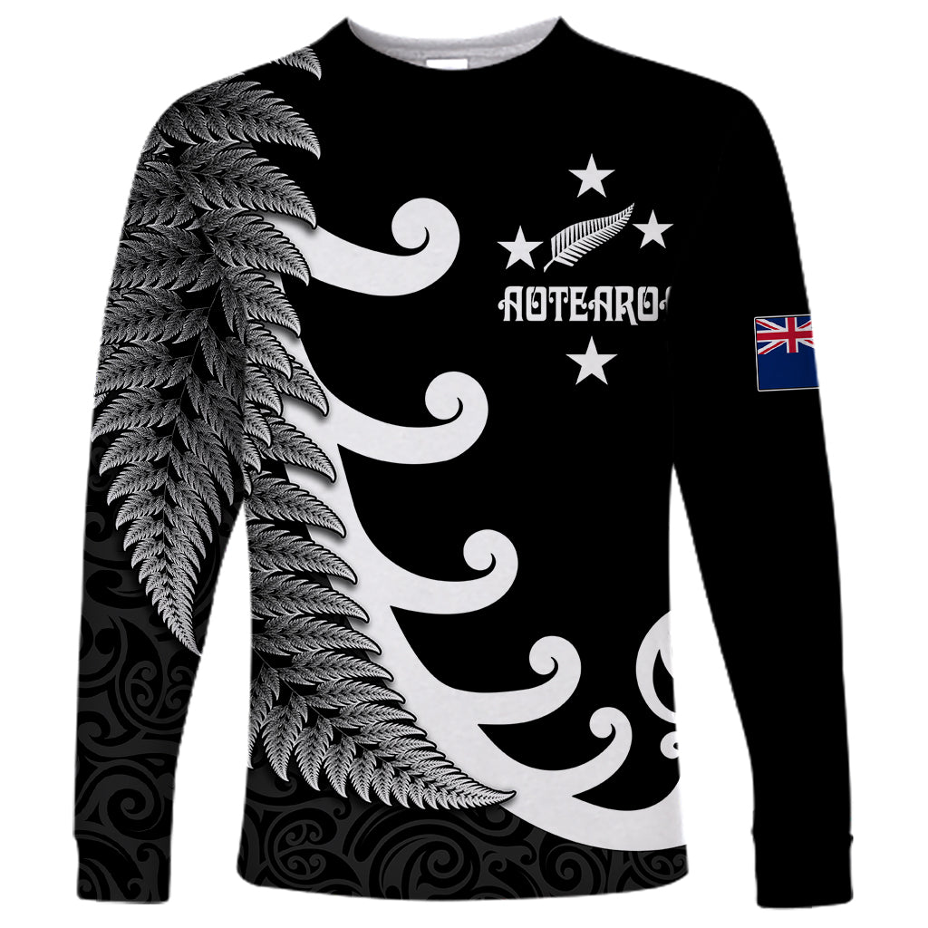 Personalised New Zealand Rugby Long Sleeve Shirt Aotearoa Silver Fern Koru Maori Style - Wonder Print Shop