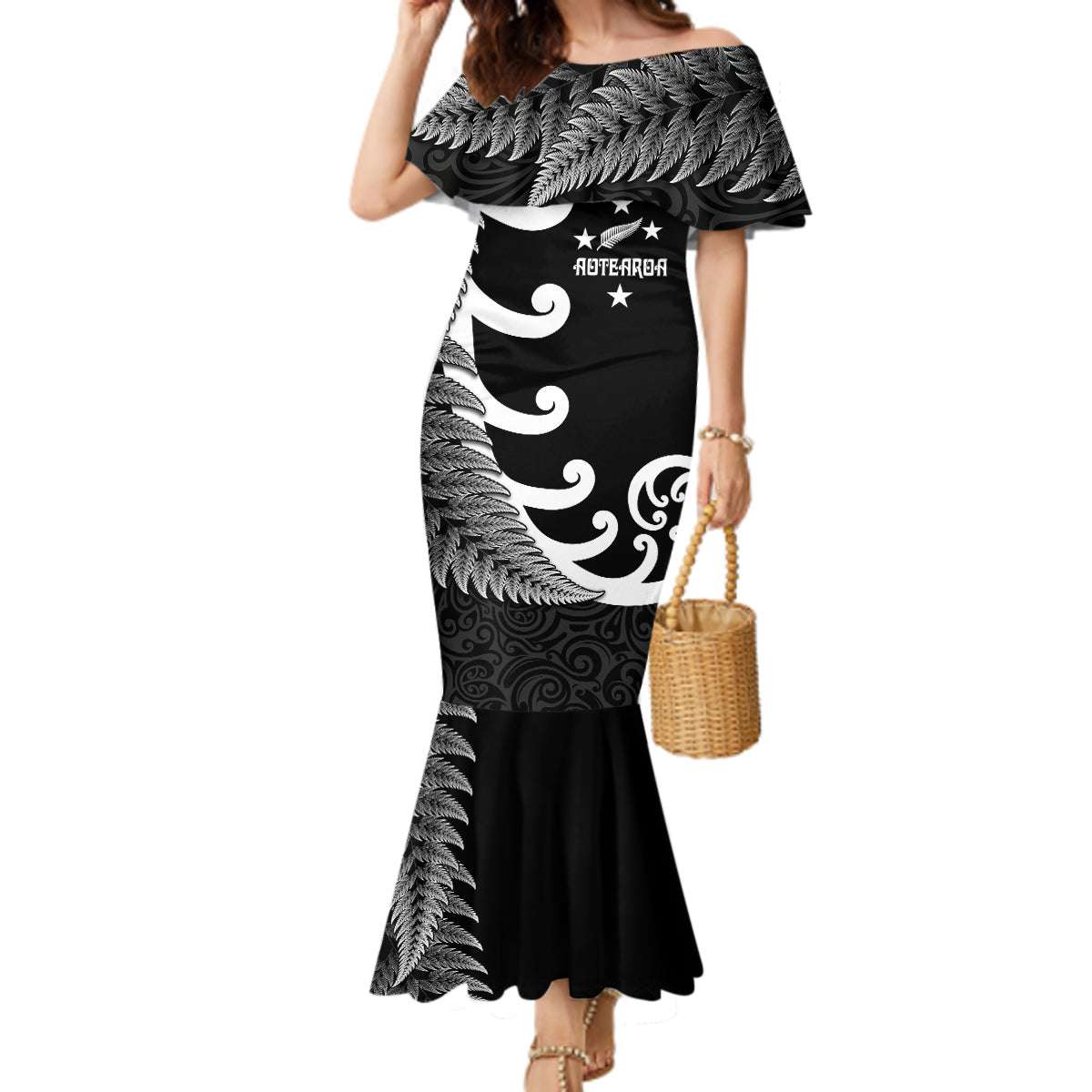 Personalised New Zealand Rugby Mermaid Dress Aotearoa Silver Fern Koru Maori Style - Wonder Print Shop