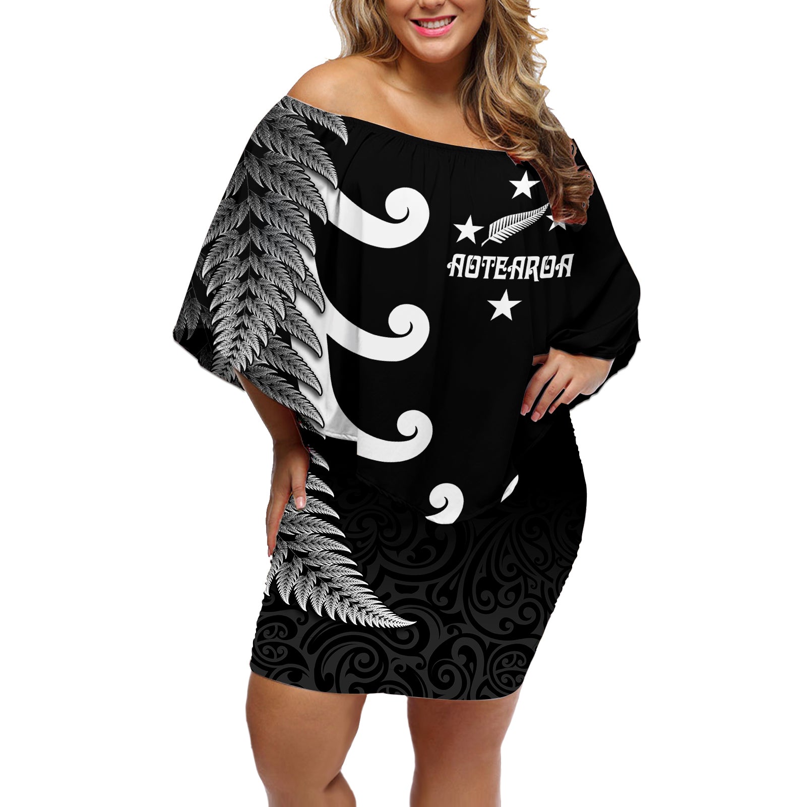 Personalised New Zealand Rugby Off Shoulder Short Dress Aotearoa Silver Fern Koru Maori Style - Wonder Print Shop