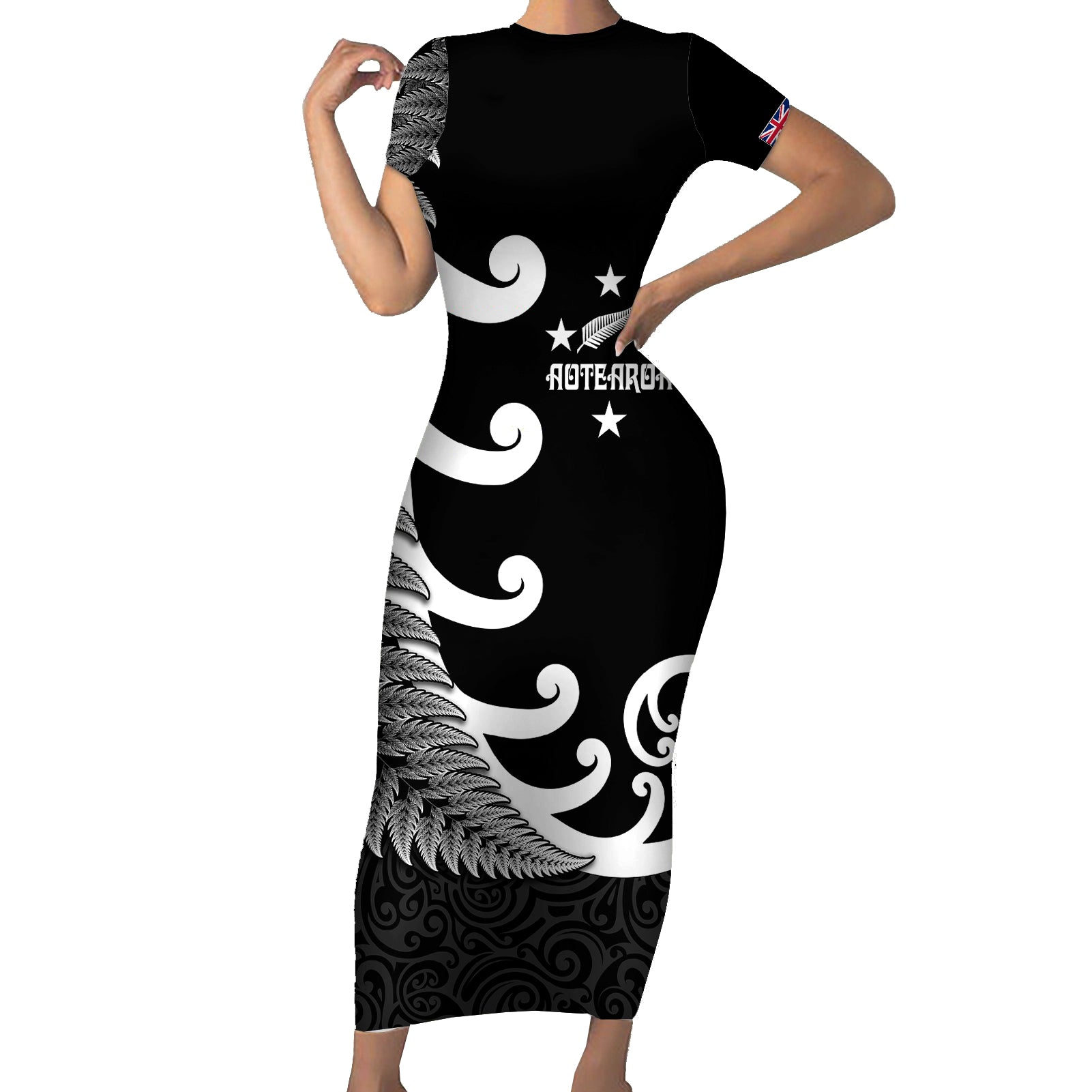 personalised-new-zealand-rugby-short-sleeve-bodycon-dress-aotearoa-silver-fern-koru-maori-style