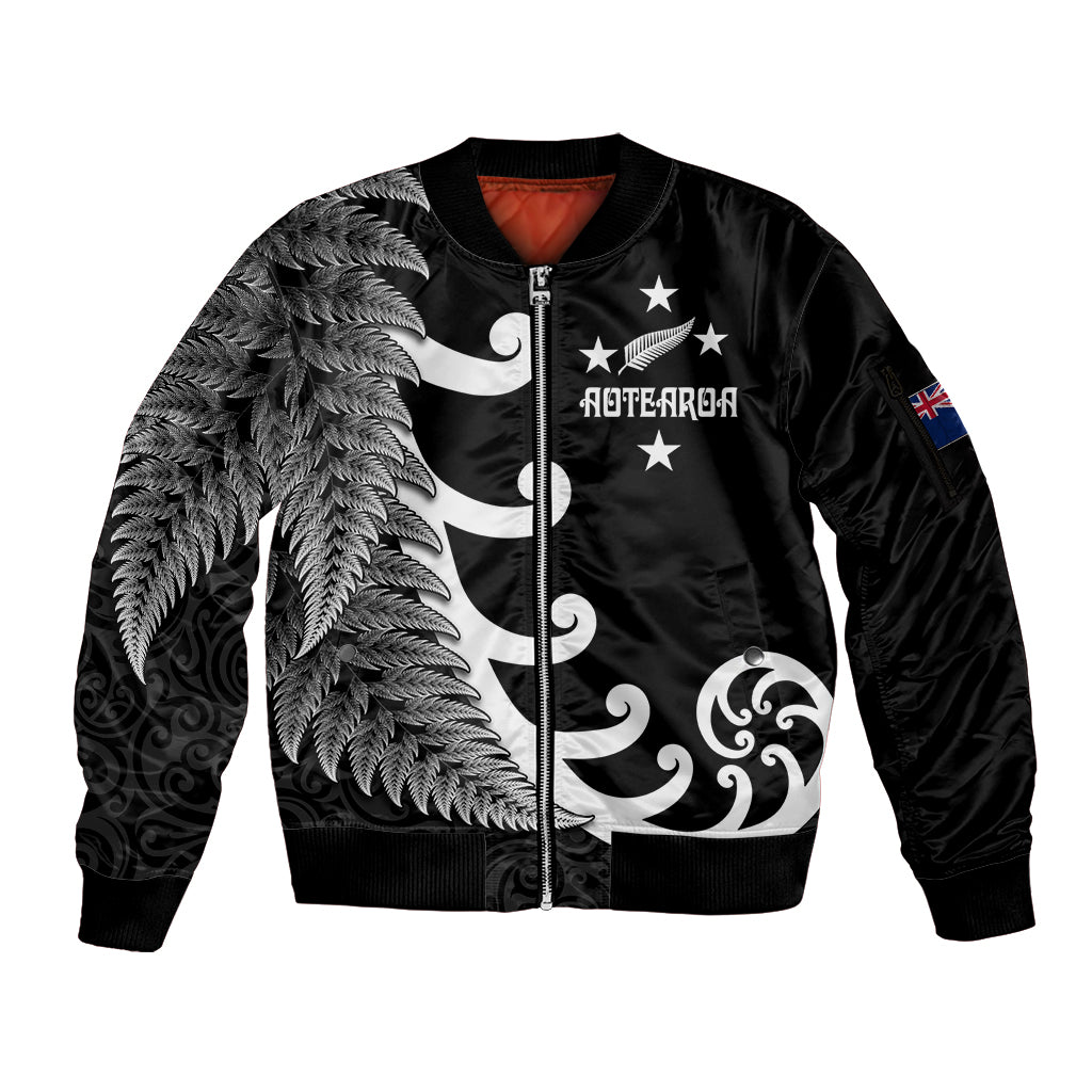 personalised-new-zealand-rugby-sleeve-zip-bomber-jacket-aotearoa-silver-fern-koru-maori-style