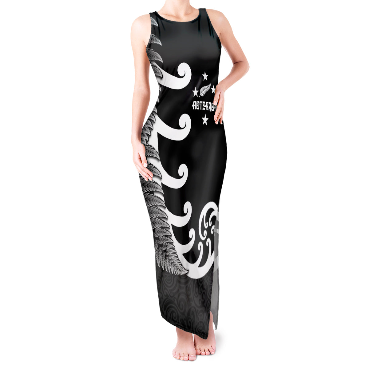 personalised-new-zealand-rugby-tank-maxi-dress-aotearoa-silver-fern-koru-maori-style