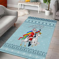 Turquoise Christmas unicorn area rug with Santa riding, rainbow unicorns, geometric border