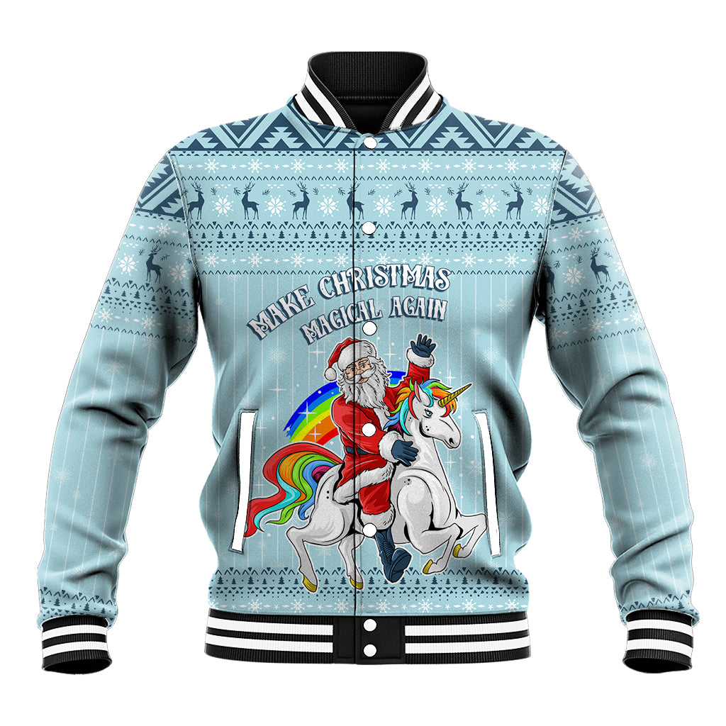 Turquoise baseball jacket with black-and-white striped collar, Santa and unicorn graphic