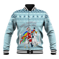 Turquoise baseball jacket with black-and-white striped collar, Santa and unicorn graphic