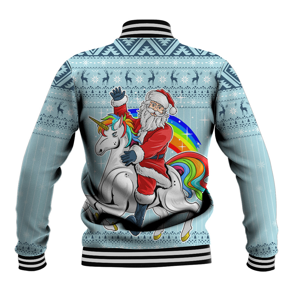 Turquoise baseball jacket with striped ribbed cuffs and Santa riding unicorn print