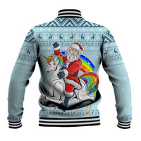 Turquoise baseball jacket with striped ribbed cuffs and Santa riding unicorn print