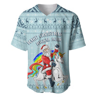 Turquoise baseball jersey with Christmas Santa and unicorn graphic, rainbow and text