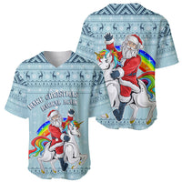 Pair of turquoise baseball jerseys with Santa riding unicorn and rainbow Christmas graphics