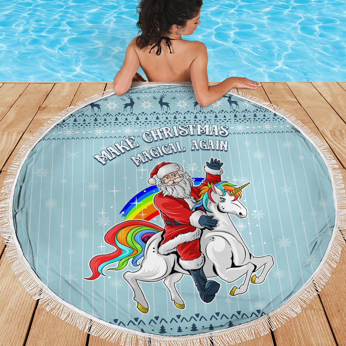 Turquoise round beach blanket with fringe, Santa and unicorn print