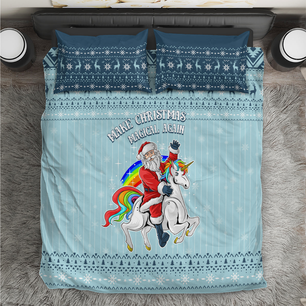 Turquoise Christmas bedding set with unicorn, Santa, and festive border; two pillow shams