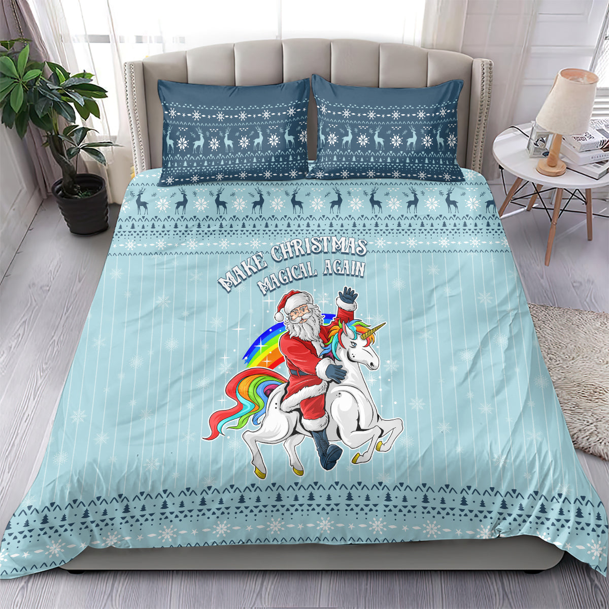 Turquoise Christmas duvet bedding set with unicorn, Santa text, and two matching shams