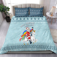 Turquoise Christmas duvet bedding set with unicorn, Santa text, and two matching shams