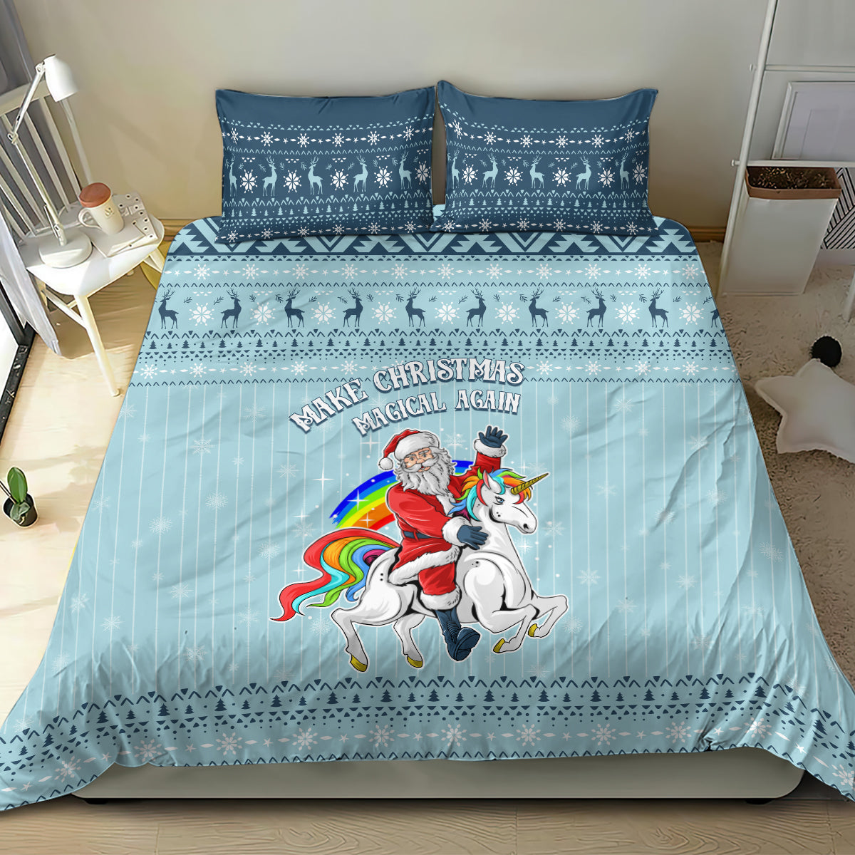 Turquoise Christmas bedding set featuring unicorn Santa on duvet with two matching shams