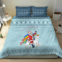 Turquoise Christmas bedding set featuring unicorn Santa on duvet with two matching shams