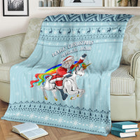Turquoise Christmas throw blanket with unicorn rider and “Make Christmas Magical Again”