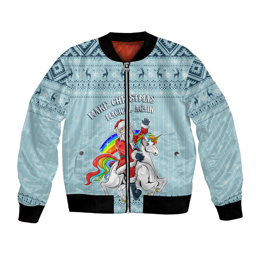 Turquoise bomber jacket with zipper, black ribbed trim, unicorn and Santa front graphic