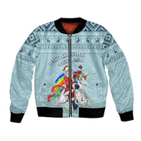 Turquoise bomber jacket with zipper, black ribbed trim, unicorn and Santa front graphic