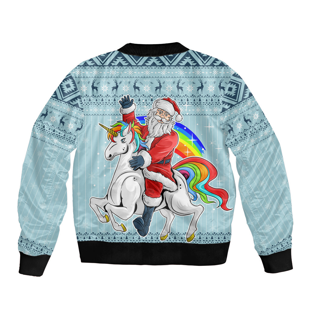 Turquoise bomber jacket, black ribbed hem and cuffs, unicorn, Santa and rainbow back print