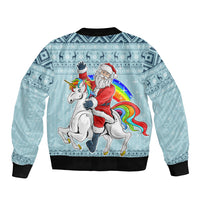 Turquoise bomber jacket, black ribbed hem and cuffs, unicorn, Santa and rainbow back print