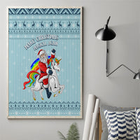 Turquoise framed unicorn Christmas canvas wall art with Santa on a white unicorn