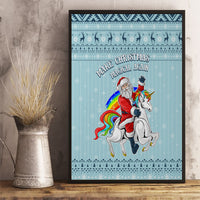 Turquoise framed unicorn Christmas canvas wall art featuring Santa and a white unicorn