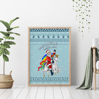 Turquoise framed unicorn Christmas canvas wall art with Santa riding a white unicorn