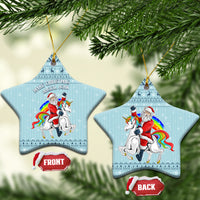 Turquoise star-shaped ceramic Christmas ornament with unicorn and Santa, hanging loop