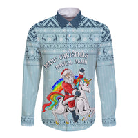 Turquoise long-sleeve button shirt with front Christmas unicorn and Santa graphic