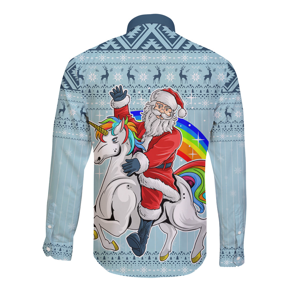 Turquoise long-sleeve button shirt with back Christmas unicorn, Santa, and rainbow graphic