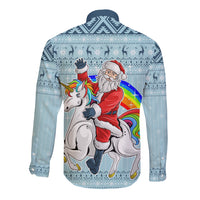 Turquoise long-sleeve button shirt with back Christmas unicorn, Santa, and rainbow graphic