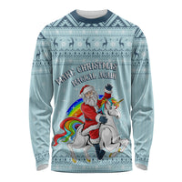 Turquoise long-sleeve Christmas shirt with Santa riding a unicorn graphic