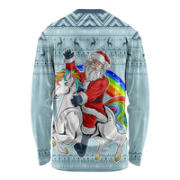 Turquoise long-sleeve Christmas shirt, back view with Santa and unicorn rainbow