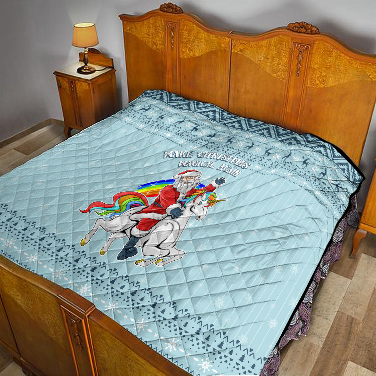 Turquoise quilt on bed with unicorn rider and 'Make Christmas Magical Again' text, quilted pattern