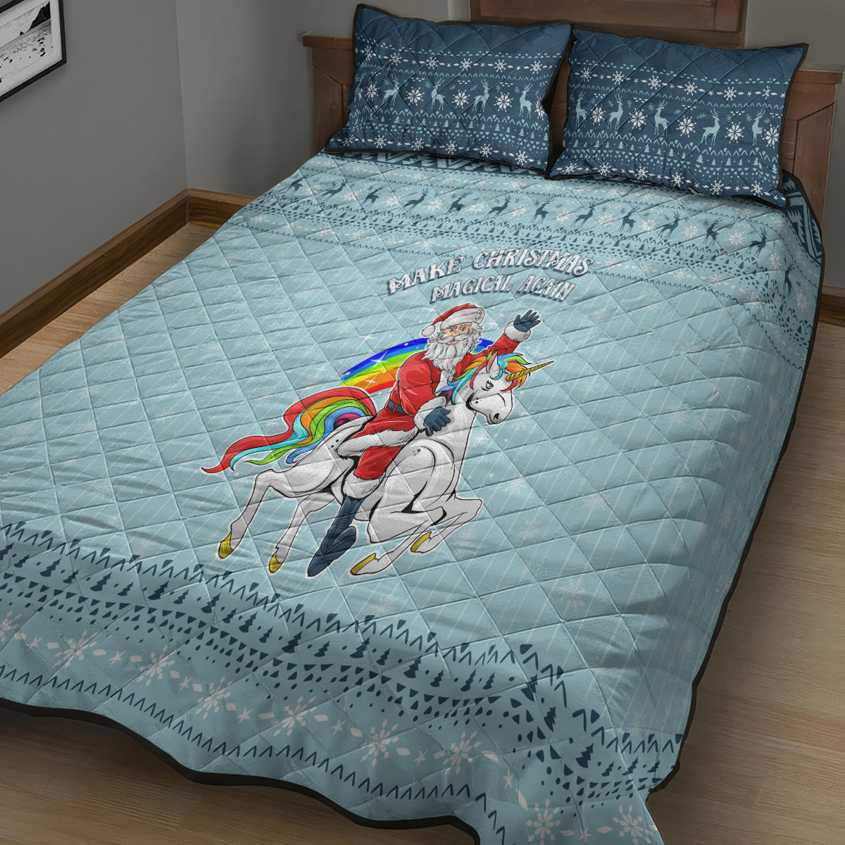 Turquoise unicorn Christmas quilt with matching navy snowflake pillowcases