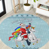 Turquoise round Christmas rug with Santa riding unicorn and 'Make Christmas Magical Again' text