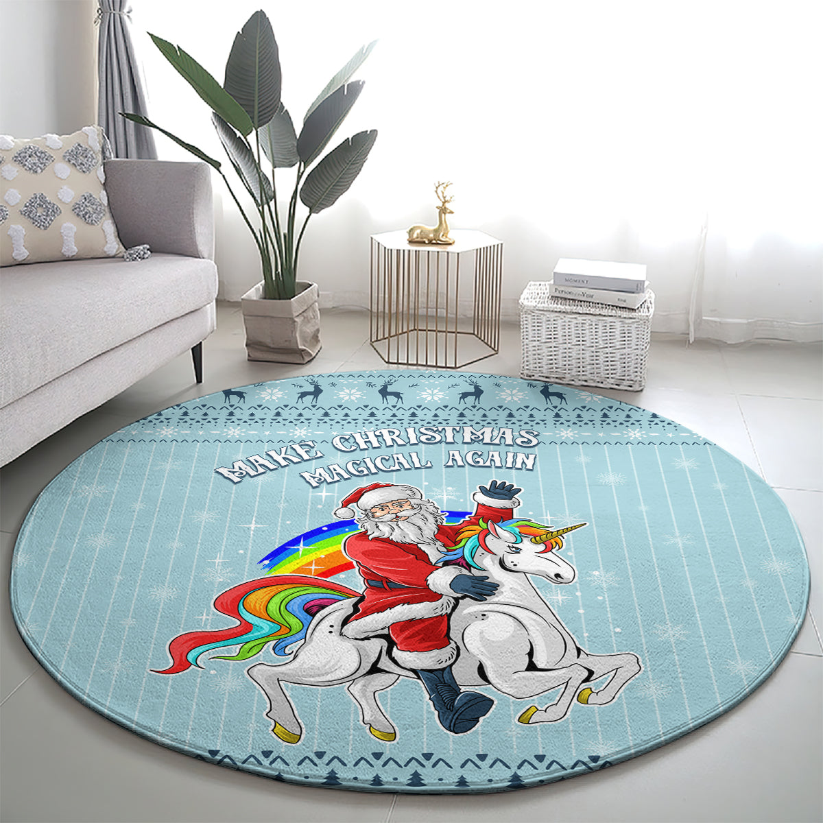 Turquoise round Christmas rug with Santa on rainbow unicorn and decorative border