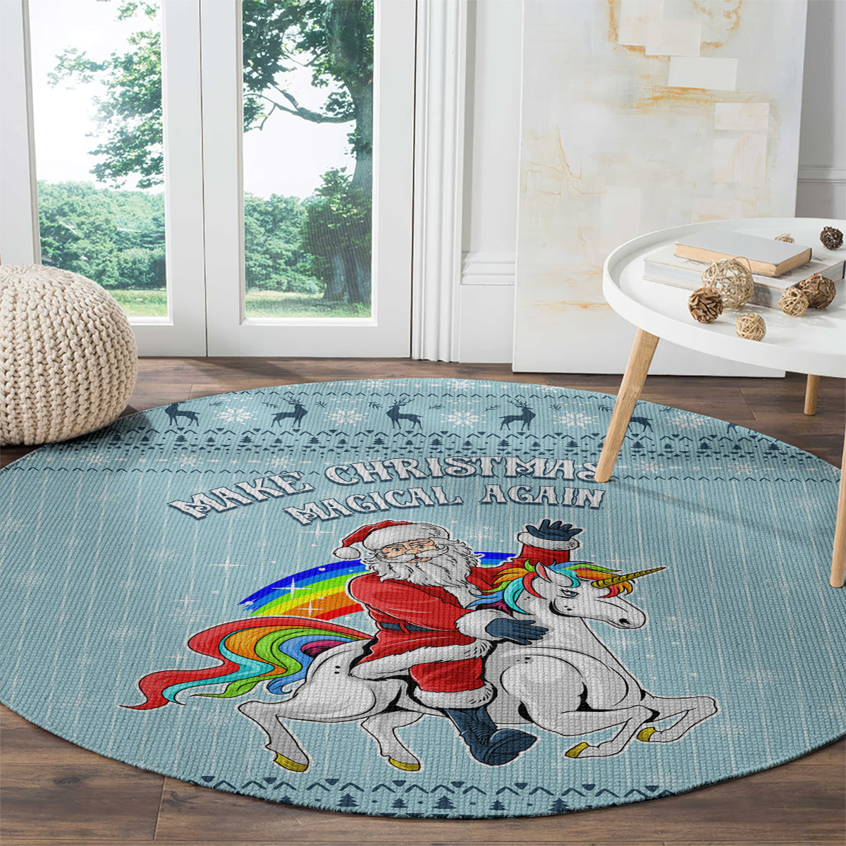 Turquoise round rug with unicorn and Santa, 'Make Christmas Magical Again' banner
